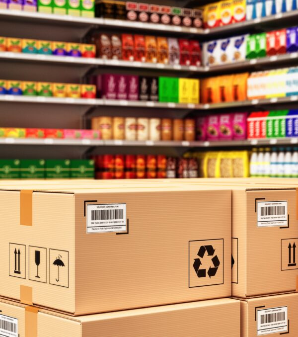 Stack of cardboard boxes in a retail store on the background of shelves with goods