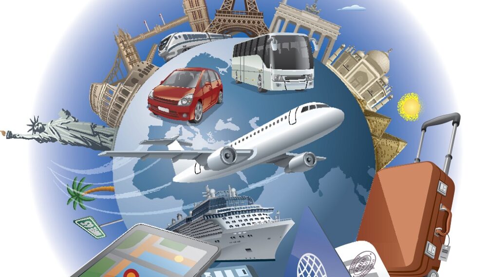 concept illustration of travel around the world famous landmarks by transport air, car, train, cruise ship