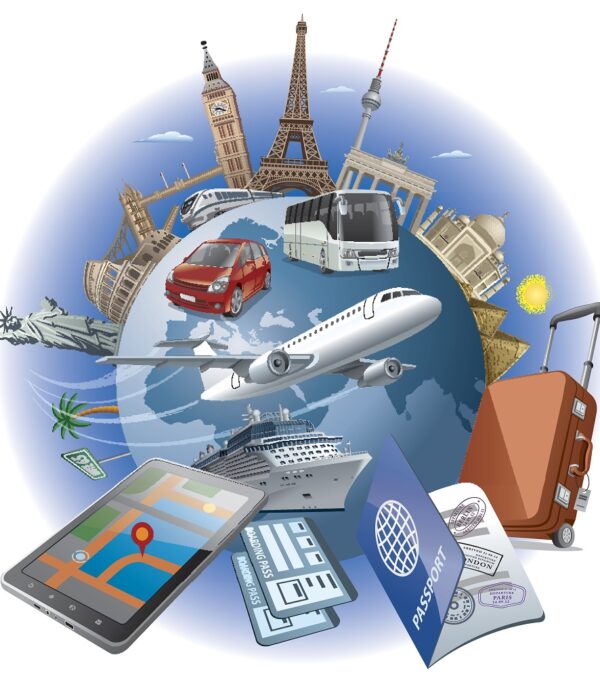 concept illustration of travel around the world famous landmarks by transport air, car, train, cruise ship
